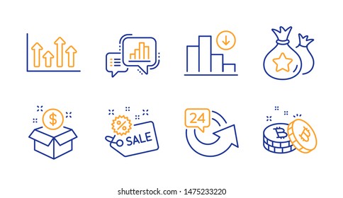 Sale, 24 hours and Loyalty points line icons set. Graph chart, Decreasing graph and Post package signs. Upper arrows, Bitcoin symbols. Shopping tag, Repeat. Finance set. Line sale icon. Vector