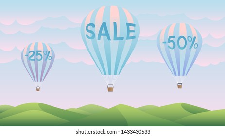 Sale 25%, 50% on background nature and air balloons . 
Summer banner, website, poster, and sales promotion background set. Vector illustration.