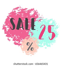 Sale 25%. Abstract texture white background. Discount 25%, brush acrylic stroke. Beautiful watercolor design for a shop and sale banners. Pastel colors. Poster vector illustration, EPS10.  