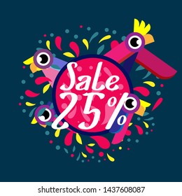 sale 25%, beautiful greeting card background or banner with colorful bird theme. design illustration