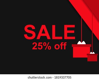 Sale 25% off. Black Friday. Hanging gift boxes with bows. Design for promotional items, banners, flyers and gift cards. Vector illustration