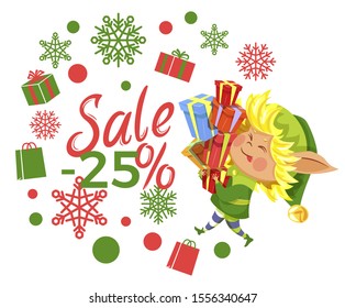 Sale 25 percent discount flyer decorated by snowflake and present symbols. Poster with promotion on winter holiday and elf character carrying gift box. Shopping card with limited promo vector