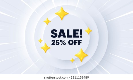 Sale 25 percent off discount. Neumorphic banner with sunburst. Promotion price offer sign. Retail badge symbol. Sale message. Banner with 3d stars. Circular neumorphic template. Vector