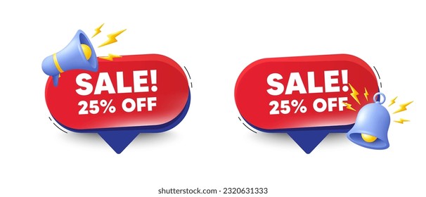 Sale 25 percent off discount. Speech bubbles with 3d bell, megaphone. Promotion price offer sign. Retail badge symbol. Sale chat speech message. Red offer talk box. Vector