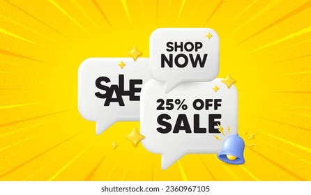Sale 25 percent off discount. 3d offer chat speech bubbles. Promotion price offer sign. Retail badge symbol. Sale speech bubble 3d message. Talk box banner with bell. Vector