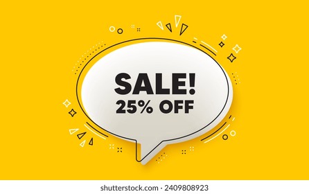 Sale 25 percent off discount. 3d speech bubble yellow banner. Promotion price offer sign. Retail badge symbol. Sale chat speech bubble message. Talk box infographics. Vector