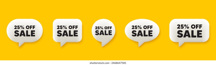 Sale 25 percent off discount. 3d chat speech bubbles set. Promotion price offer sign. Retail badge symbol. Sale talk speech message. Talk box infographics. Vector