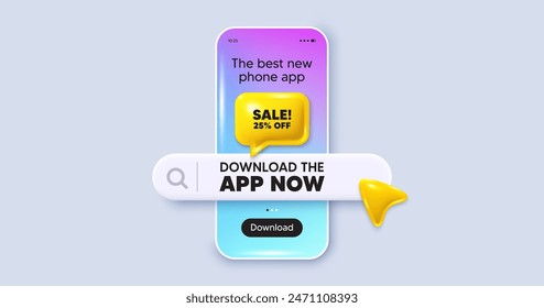 Descuento del 25 por ciento. Pantalla de maqueta del teléfono. Descarga al App ahora. Cartel de oferta de Precio de promoción. Símbolo de la insignia comercial. Barra de búsqueda del App de Descarga de teléfono. Mensaje de texto de venta. Vector