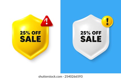 Sale 25 percent off discount. Shield 3d banner with text box. Promotion price offer sign. Retail badge symbol. Sale chat protect message. Shield speech bubble banner. Danger alert icon. Vector