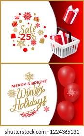 Sale 25 percent price reduction, balloons and presents set vector. Shopping basket with gift box surprise for customers. Winter holidays clearance