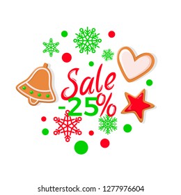 Sale 25 percents with bright gingerbread. Holiday paper card decorated by cookies of Christmas bell, heart and star and colorful snowflakes vector