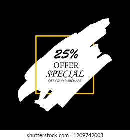 Sale 25% special offer sign in white brush over orange frame acrylic stroke paint abstract texture background vector illustration. Acrylic grunge ink paint brush stroke. Offer layout design for shop.