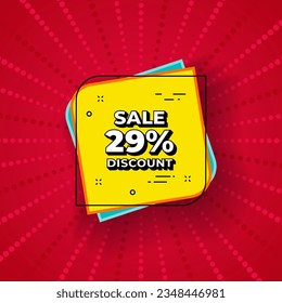 Sale 29% discount sticker. Flash offer banner, coupon or poster. Discount banner shape. Sale coupon bubble icon. Special price promo banner. Retail marketing flyer. Starburst pop art. Vector svg