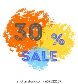 Sale 30%. Abstract texture background. Discount 30%, brush acrylic stroke. Beautiful watercolor design for a shop and sale banners. Pastel colors. Colorful colors. Poster vector illustration, EPS10.  