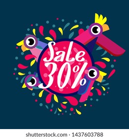 sale 30%, beautiful greeting card background or banner with colorful bird theme. design illustration
