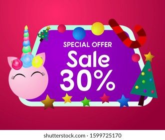 sale 30%, beautiful greeting card background or template banner with cute christmas character theme. vector design illustration