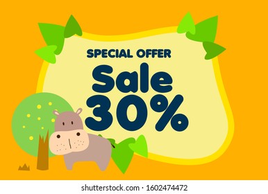 sale 30%, beautiful greeting card background or template banner with cute animal character theme. vector design illustration