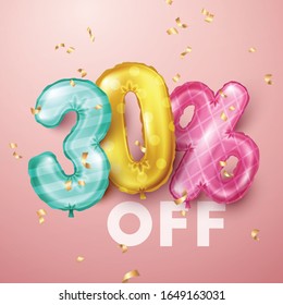 Sale 30% off background with colorful floating balloons. Vector illustration.