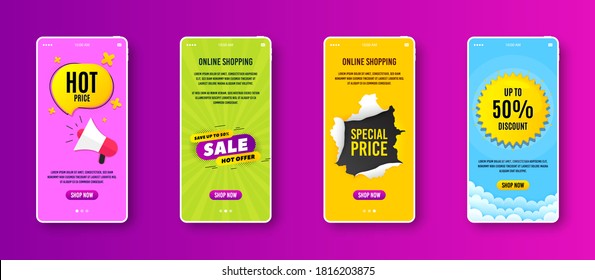 Sale 30% off badge. Phone screen banner. Discount banner shape. Hot offer icon. Sale banner on smartphone screen. Mobile phone web template. Sale promotion. Interface with torn paper hole. Vector