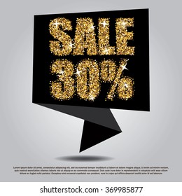 Sale 30% off black banner template. Golden glitter discount card. Gold sparkling promotion tag