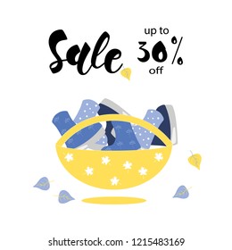 SALE- 30% OFF - hand drawn lettering card background. Colorful autumn loyout design for banner, flyer, invitation, poster, discount. 
Basket with blue boots.Vector illustration EPS 10