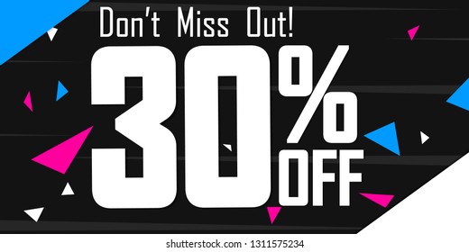 Sale 30% off, horizontal discount poster design template, dont miss out, vector illustration