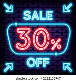 Sale 30% off Neon sign. Glowing with colorful neon light. Night bright advertising. Design element. Vector Illustration