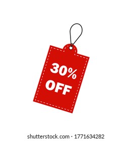 Sale 30% off red leather label or price tag on white background, vector illustration.