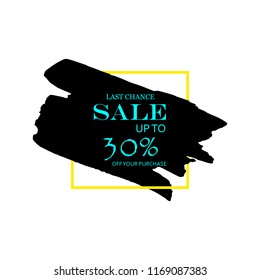 Sale 30% off sign over art black brush acrylic stroke paint abstract texture background vector illustration. Acrylic paint brush stroke. Grunge ink brush stroke. Sale layout design for shop and banner