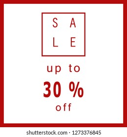 Sale 30% off sign with red frame and white background. Discount Promotion Vector Banner or Simple sale sign design for sale shop and sale banners - Vector illustration eps 10 