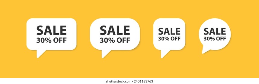 Sale 30% off in the speech bubble. Discount in the shop. Special proposition. Good percentage sticker. Marketing promotion. Product label.