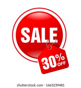 Sale up  to 30% off sticker or banner element - circular back and rope tag - isolated vector icon
