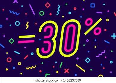 Sale -30 percent. Banner for discount, sale. Design of poster, flyer and banner in geometric memphis style with text -30 percent. Sticker, web banner for sale, discount. Vector Illustration