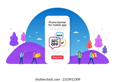 Sale 30 percent banner. Phone ui interface banner. Discount sticker shape. Coupon bubbles icon. Mobile smartphone promo banner. Sale 30 tag. Man with gift box. Vector