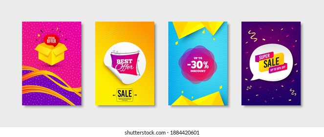 Sale 30 percent, Best offer and Special offer promo label set. Sticker template layout. Super sale sign. Discount sticker, Flyer shape, Gift box. Discount shape. Promotional tag set. Vector