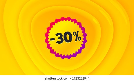 Sale 30 percent off badge. Geometric plastic design banner. Discount banner shape. Coupon bubble icon. Orange shape background. Promotional plastic flyer design. Sale 30% promotion banner. Vector