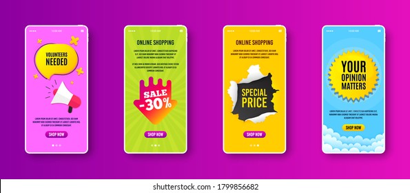 Sale 30 percent off badge. Phone screen banner. Discount banner shape. Coupon arrow icon. Sale banner on smartphone screen. Mobile phone web template. Sale 30% promotion. Vector