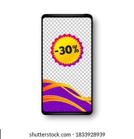 Sale 30 percent off banner. Phone mockup vector banner. Discount sticker shape. Coupon bubble icon. Social story post template. Sale 30% badge. Cell phone frame. Liquid modern background. Vector