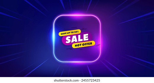 Sale 30 percent off banner. Neon light frame offer banner. Discount sticker shape. Hot offer icon. Sale promo event flyer, poster. Sunburst neon coupon. Flash special deal. Vector