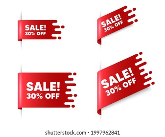 Sale 30 percent off discount. Red ribbon tag banners set. Promotion price offer sign. Retail badge symbol. Sale sticker ribbon badge banner. Red sale label. Vector