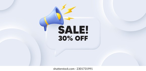 Sale 30 percent off discount. Neumorphic 3d background with speech bubble. Promotion price offer sign. Retail badge symbol. Sale speech message. Banner with megaphone. Vector