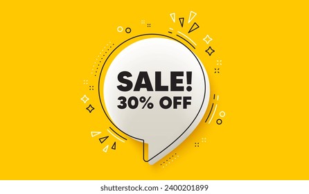 Sale 30 percent off discount. 3d speech bubble yellow banner. Promotion price offer sign. Retail badge symbol. Sale chat speech bubble message. Talk box infographics. Vector
