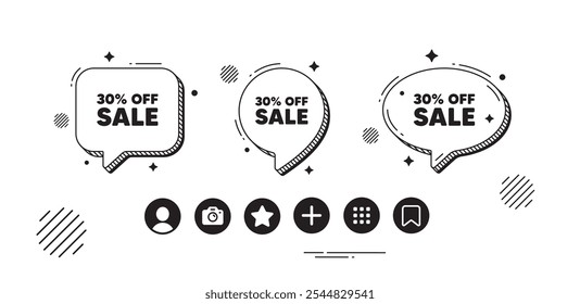 Sale 30 percent off discount. Speech bubble offer icons. Promotion price offer sign. Retail badge symbol. Sale chat text box. Social media icons. Speech bubble text balloon. Vector