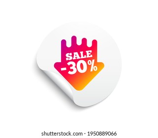 Sale 30 percent off sticker. Circle sticker with offer banner. Discount banner shape. Coupon arrow icon. Round sticker mockup banner. Sale 30 badge shape. Adhesive paper message. Vector