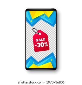 Sale 30 percent off sticker. Phone mockup vector banner. Discount banner shape. Price tag icon. Social story post template. Sale 30 badge. Cell phone frame. Abstract modern background. Vector