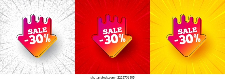 Sale 30 percent off sticker. Flash offer banner, coupon or poster. Discount banner shape. Coupon arrow icon. Sale 30 percent promo banner. Retail marketing flyer. Starburst pop art. Vector