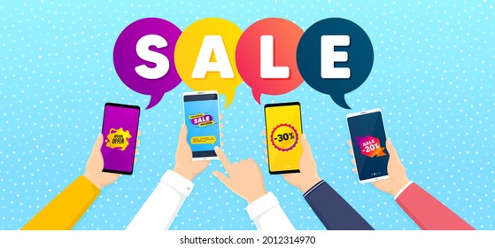 Sale 30 percent, Sale and Special offer promo label set. Banner with mobile phones in hands. Discount bubble, Offer sticker, Banner shape. Discount tag. Promotional tag set. Vector