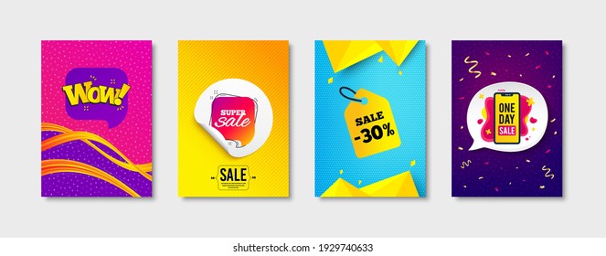 Sale 30 percent, Wow bubble and Super sale promo label set. Sticker template layout. One day sign. Price label, Special offer, Discount bubble. Promotional tag set. Speech bubble banner. Vector