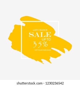 Sale 35% off sign over art orange brush acrylic stroke paint abstract texture background vector illustration. Acrylic paint brush stroke.Grunge ink brush stroke. Sale layout design for shop and banner