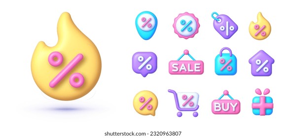 Sale 3d icon set, great design for any purposes. Web design. Discount promotion. Collection circle badge promo coupon with percent design. Vector illustration design